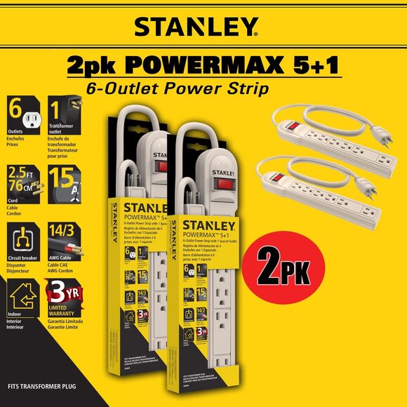 New STANLEY 6-Outlet Power Strip with Spaced Outlet - Picture 1 of 6